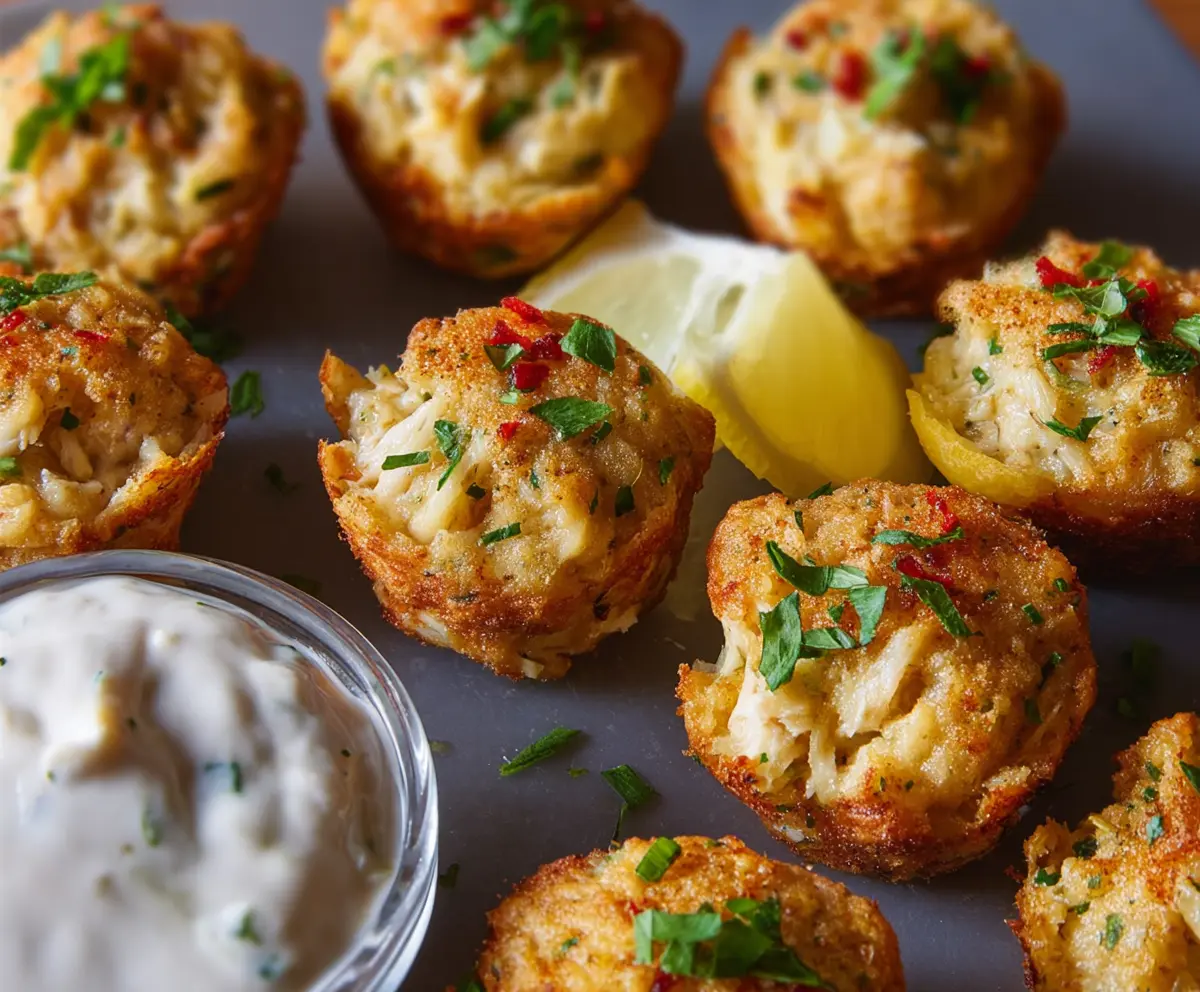 Delicious Crab Cake Bites garnished with fresh herbs served on a white plate.