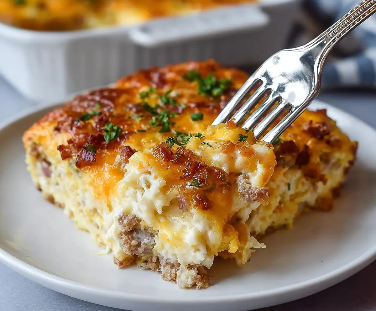 Delicious Crack Breakfast Casserole with eggs, cheese, sausage, and vegetables in a baking dish.