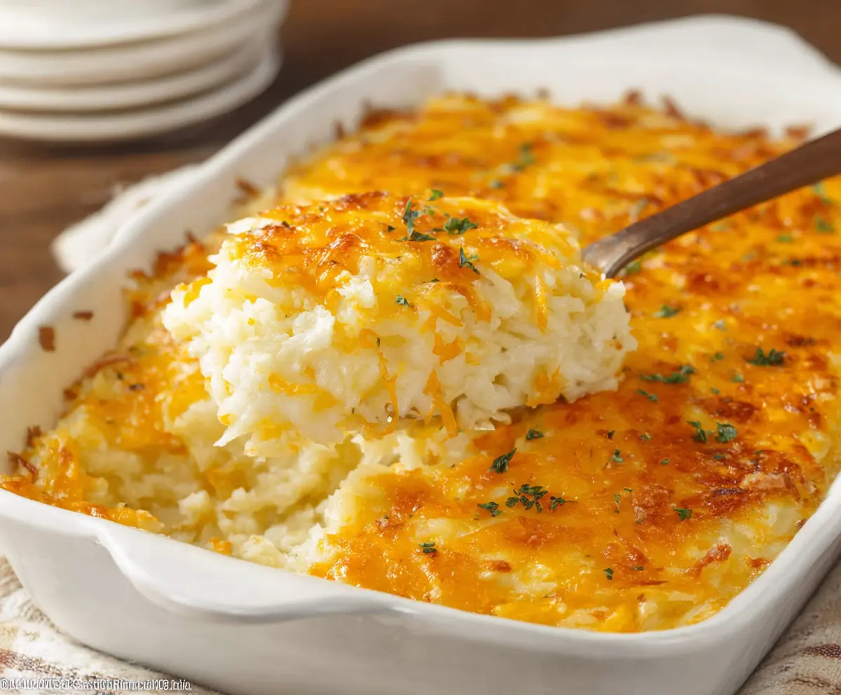 Delicious Cracker Barrel Hashbrown Casserole served in a baking dish, perfect for breakfast or brunch.