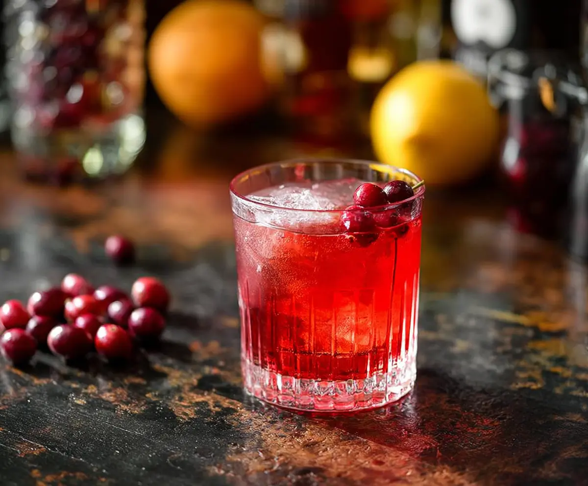 Refreshing Cranberry Negroni cocktail with vibrant red color and garnished with fresh cranberries.