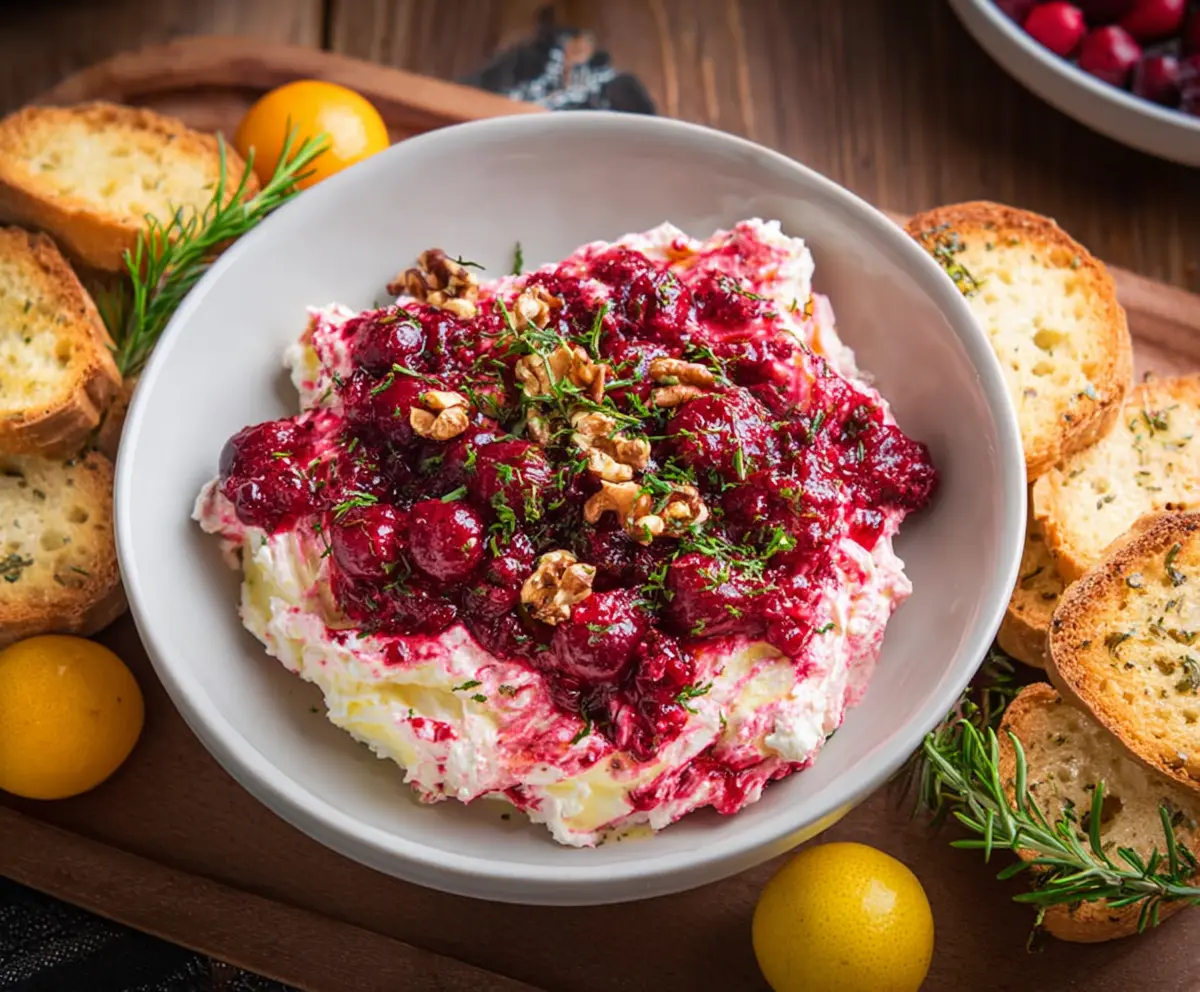 Creamy cranberry whipped feta dip served with fresh crackers