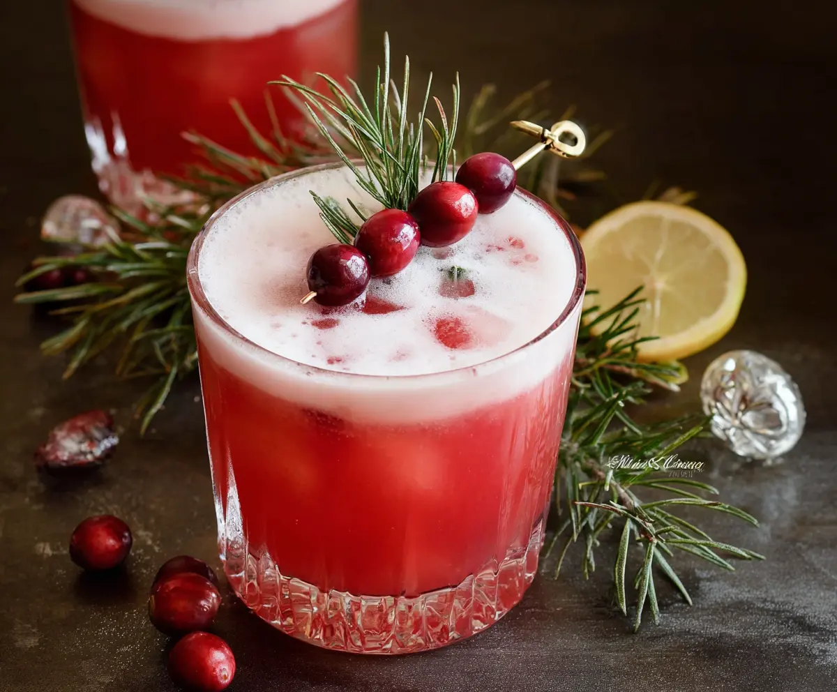 Refreshing Cranberry Whiskey Sour cocktail garnished with fresh cranberries and a lemon wedge.