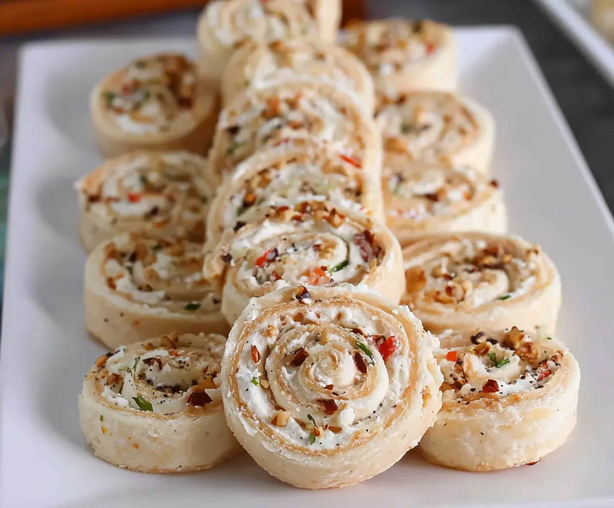 Delicious cream cheese pinwheels with flaky pastry and savory filling on a wooden platter.