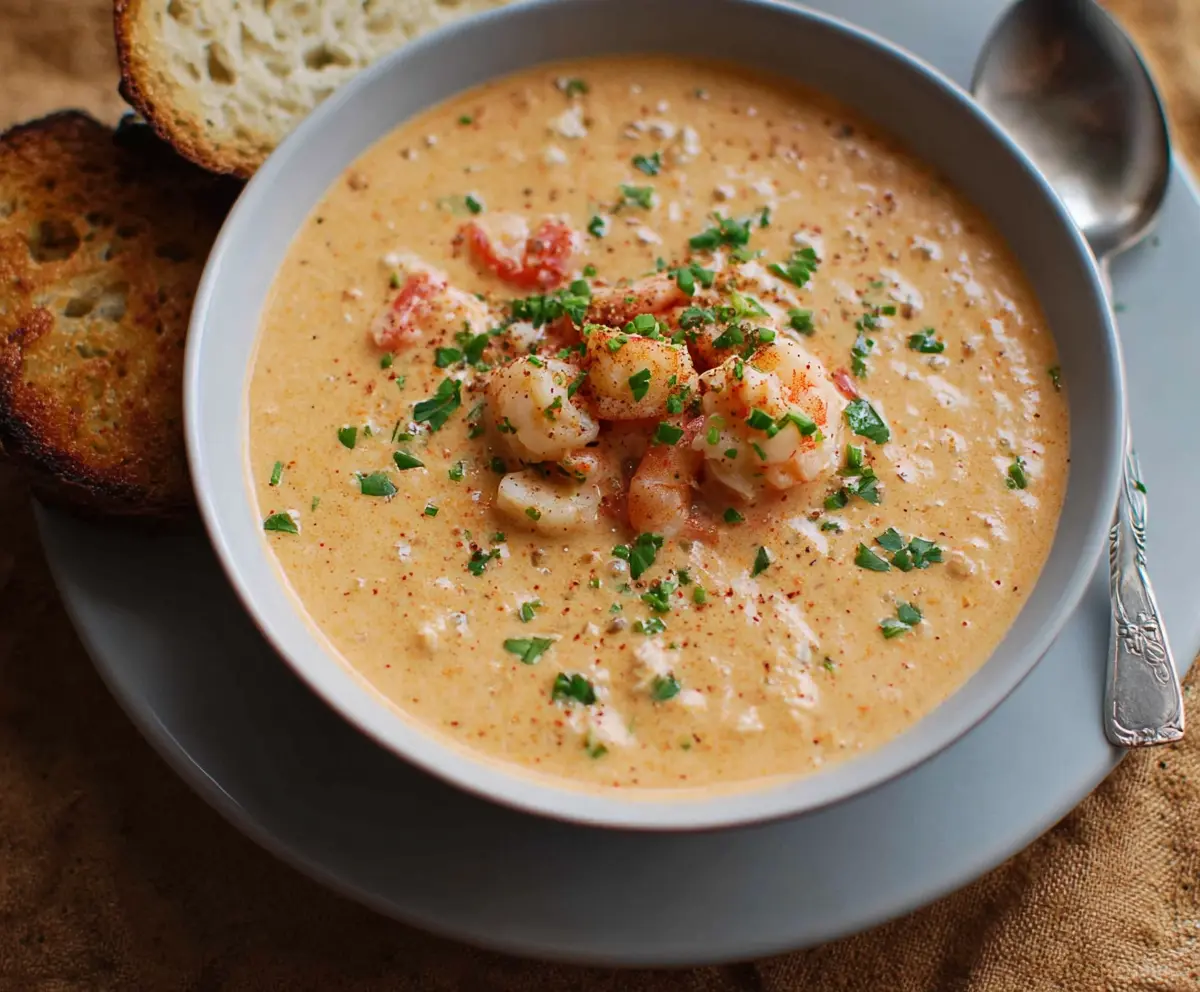 Creamy crab and shrimp seafood bisque served in a bowl, garnished with fresh herbs for a rich and flavorful seafood soup.