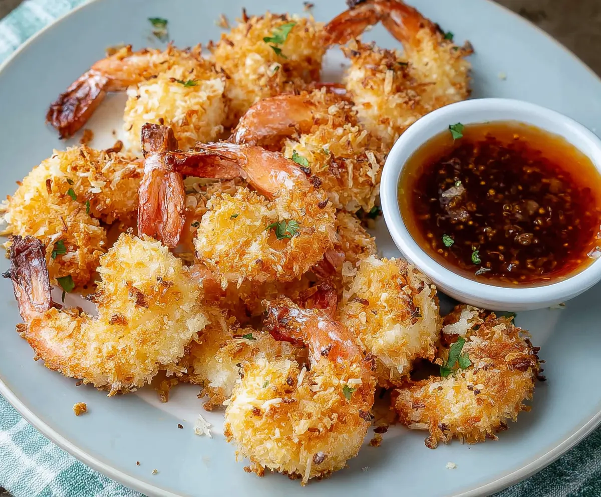 Golden crispy baked coconut shrimp on a white plate, garnished with lemon wedges and fresh herbs.