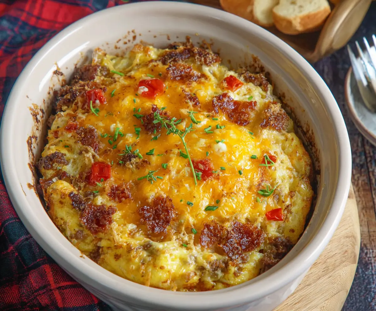 Delicious Crockpot Christmas Breakfast Casserole with eggs, sausage, and cheese in a slow cooker.