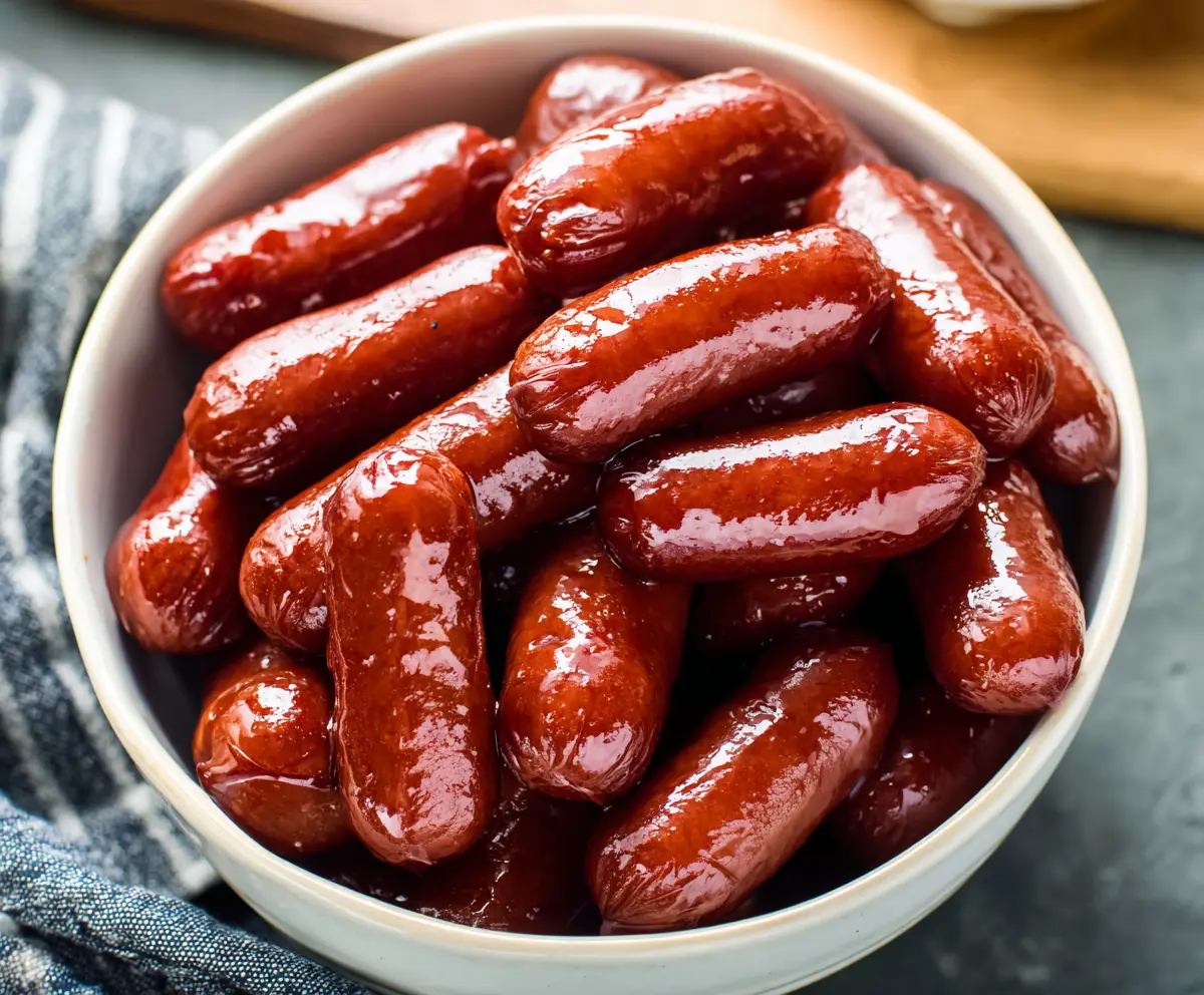 Delicious crockpot little smokies in a serving dish with toothpicks for appetizer.