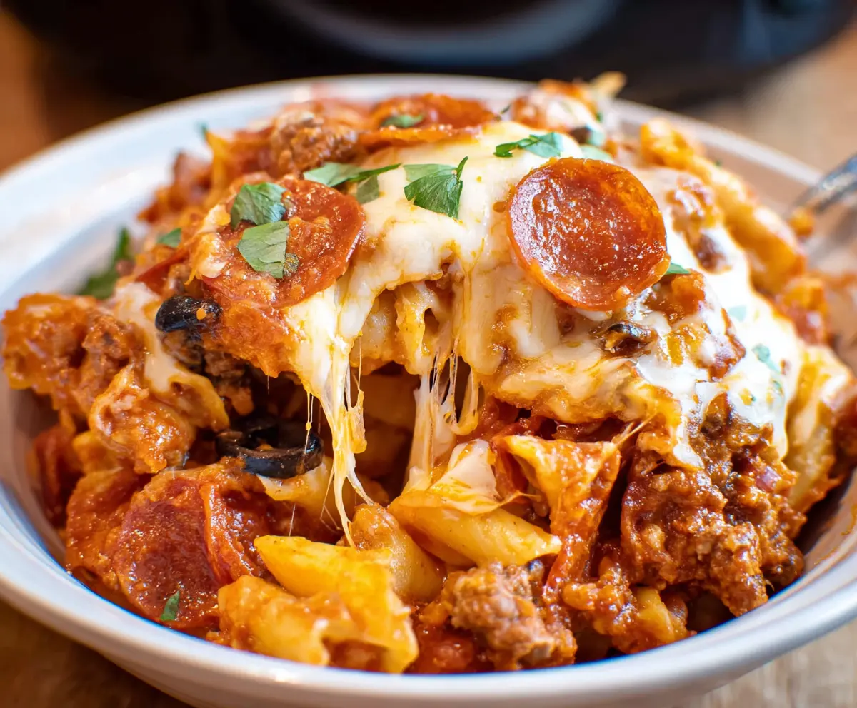 Delicious Crockpot Pizza Casserole with melted cheese, pepperoni, and flavorful toppings in a slow cooker.