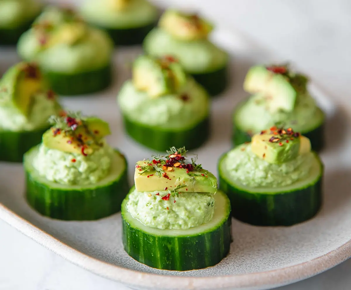 Fresh cucumber and creamy avocado bites topped with herbs, perfect for healthy snacks.