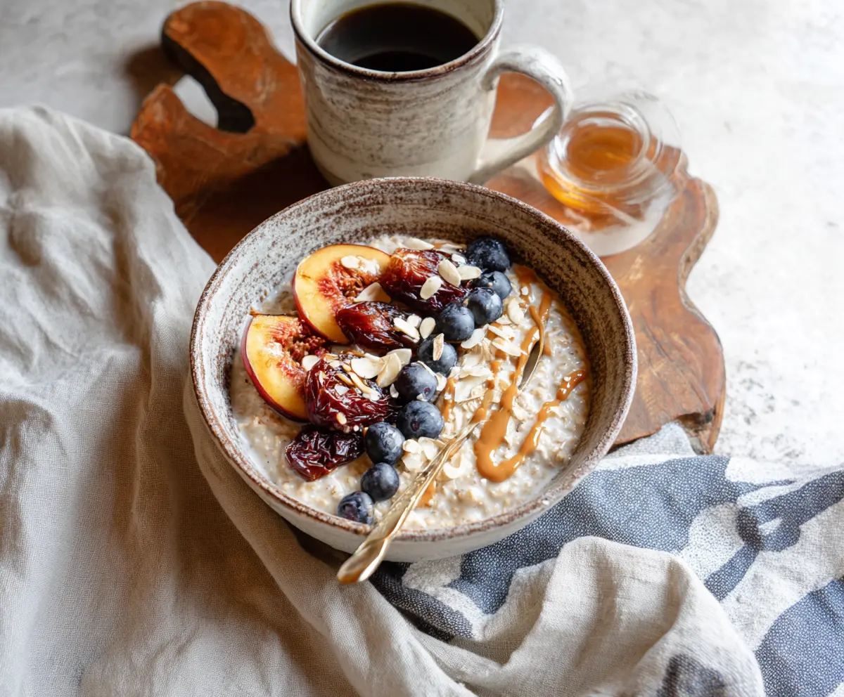 Delicious Date and Tahini Overnight Oats in a glass jar, topped with chia seeds and fresh fruits for a healthy breakfast.