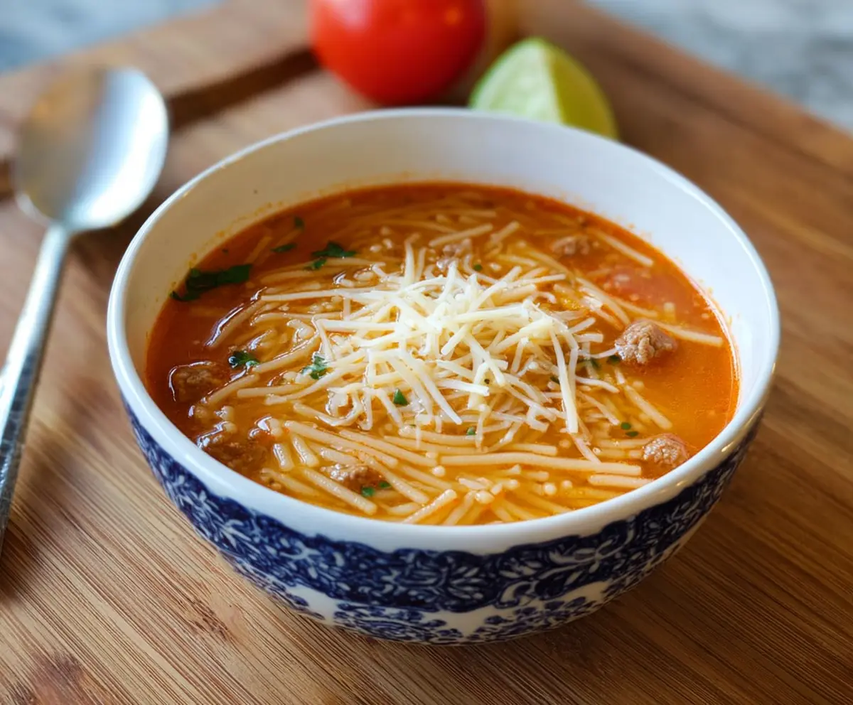 Delicious Fideo Pasta Soup in a bowl with fresh herbs and vegetables