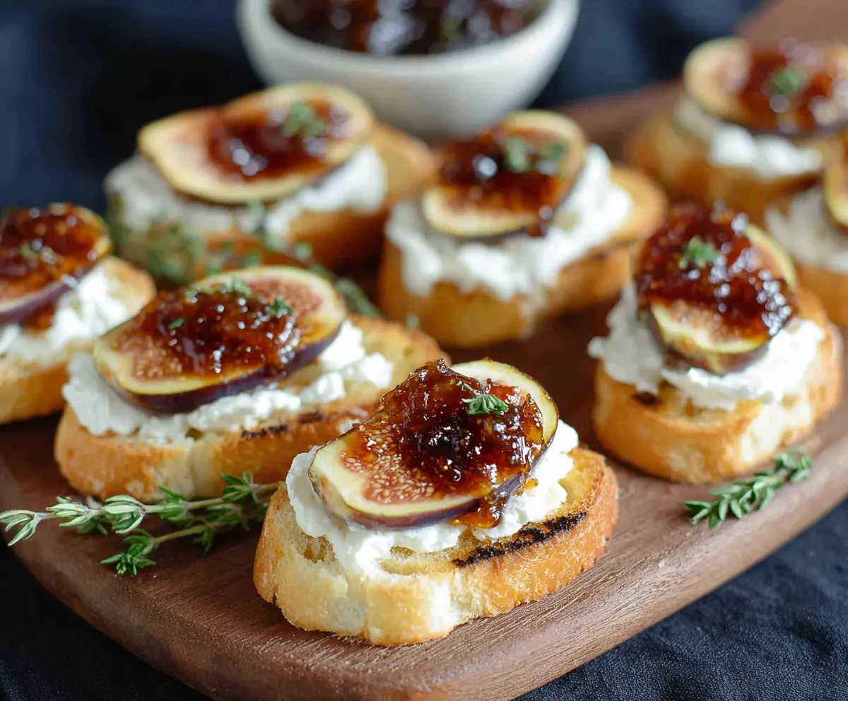 Delicious Fig Jam Goat Cheese Crostini with fresh figs and herbs on a white plate