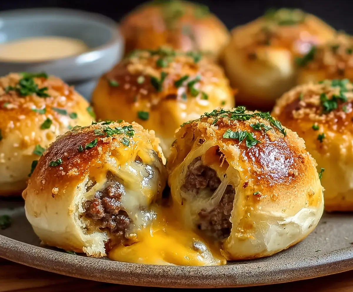 Delicious Garlic Parmesan Cheeseburger Bombs with melted cheese, crispy bacon, and fresh herbs on a rustic plate.