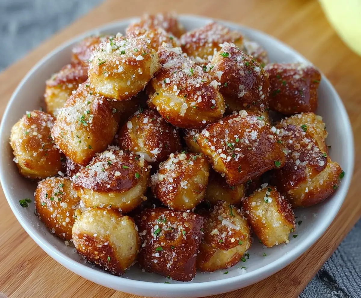 Golden garlic Parmesan pretzel bites served with melted cheese for a savory snack.
