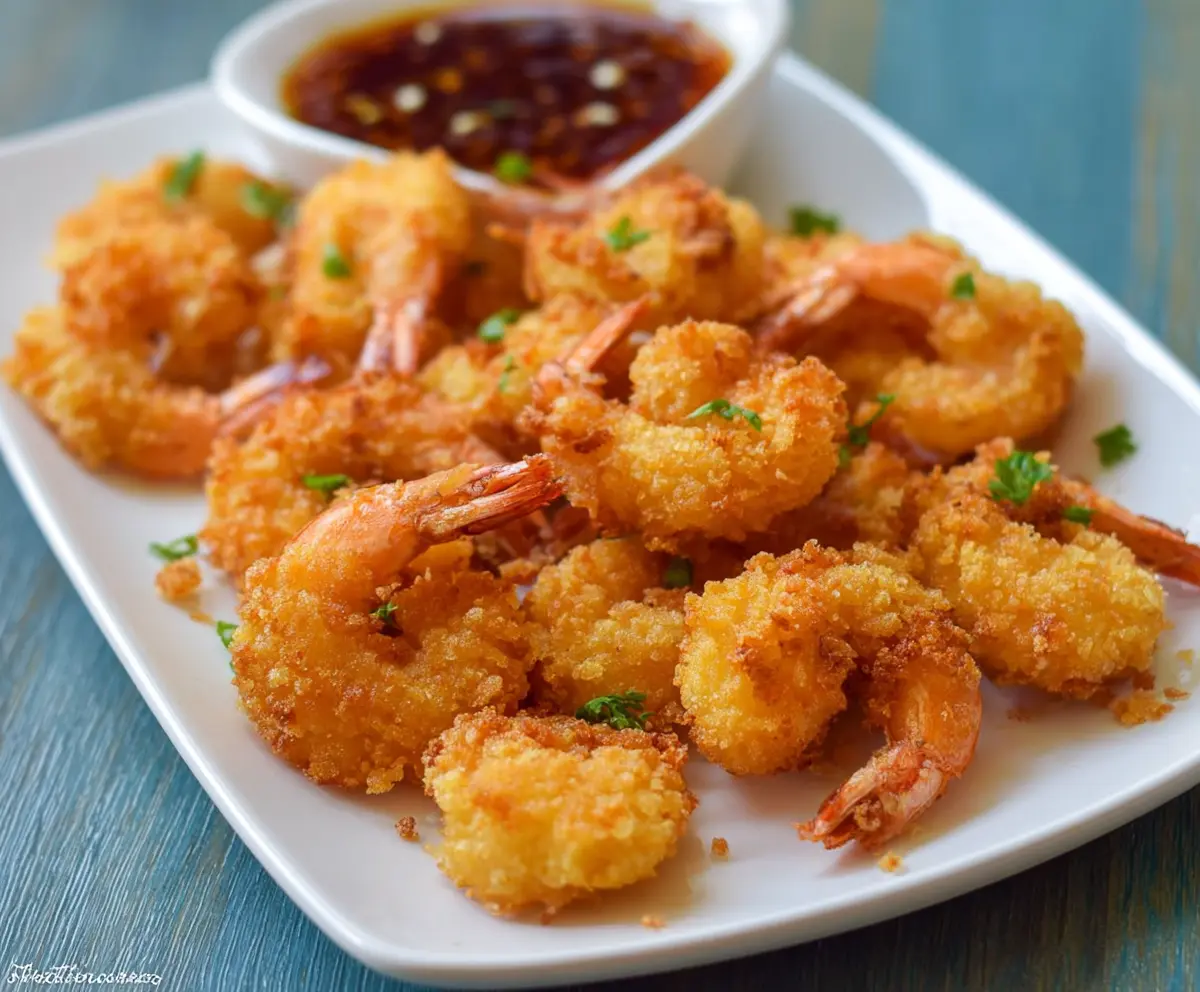Golden crispy fried shrimp served with lemon and dipping sauce, perfect for appetizer or snack.