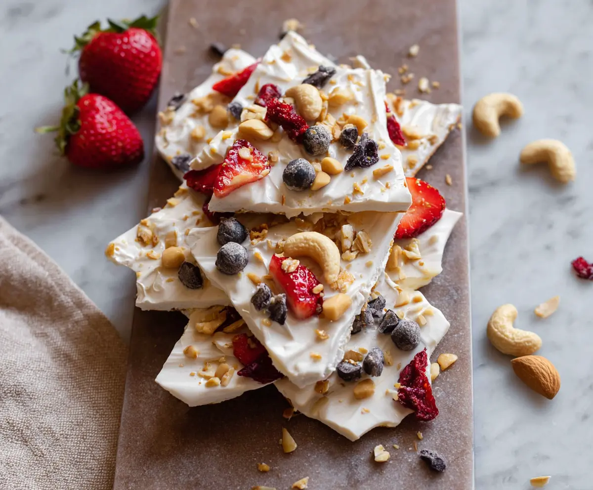 Healthy Greek Yogurt Protein Bark with chocolate and nuts on a white plate.