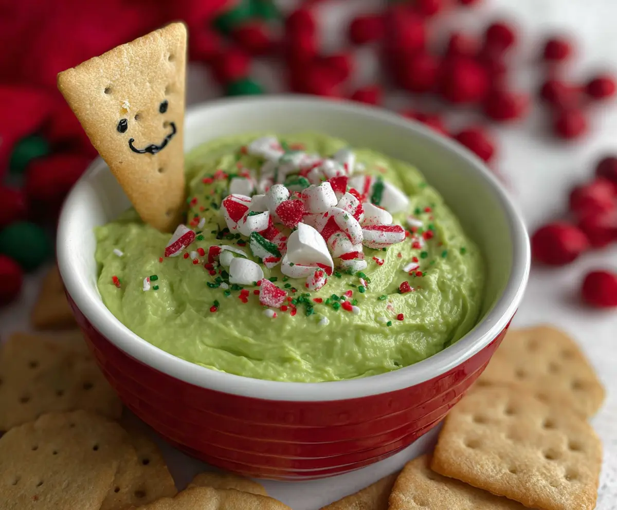 Festive Grinch Dip served with colorful candies and pretzels for a holiday party.