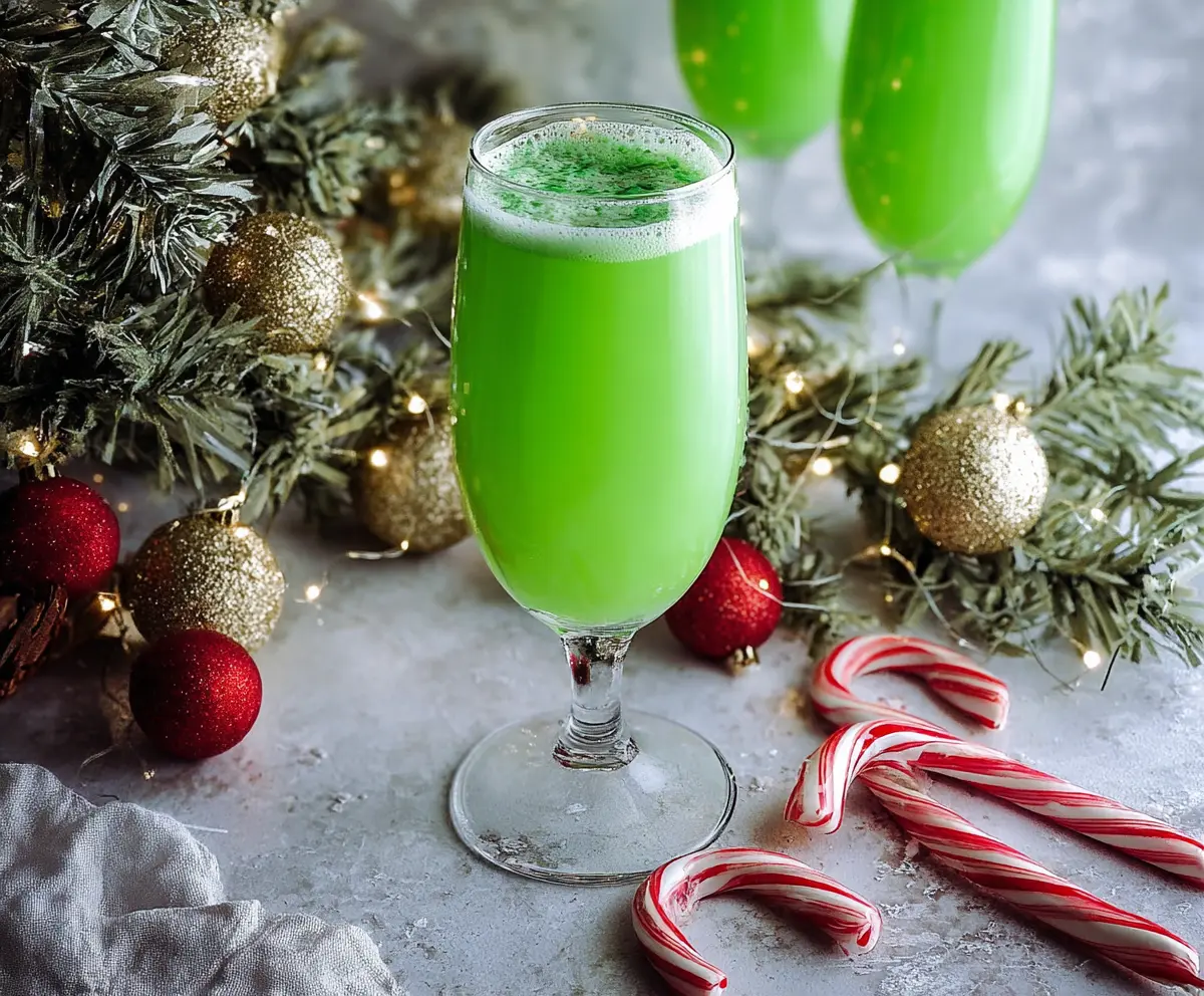 Festive Grinch-themed mimosa cocktail garnished with green fruit and holiday decorations.