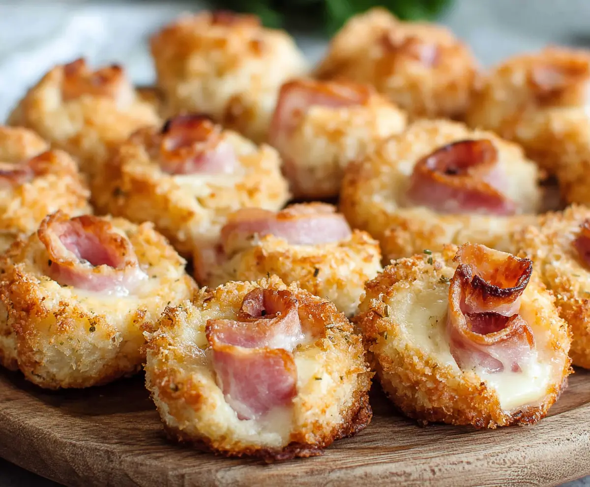 Delicious ham and cheese bites served as an appetizer, perfect for parties and gatherings.
