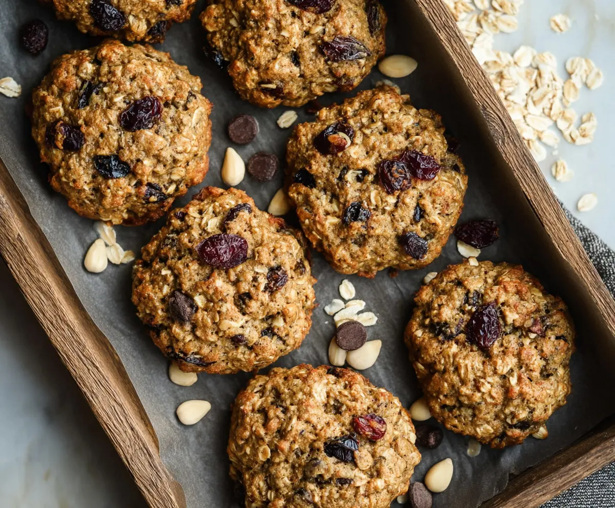 Healthy oatmeal breakfast cookies with rolled oats, bananas, and chocolate chips on a white plate.