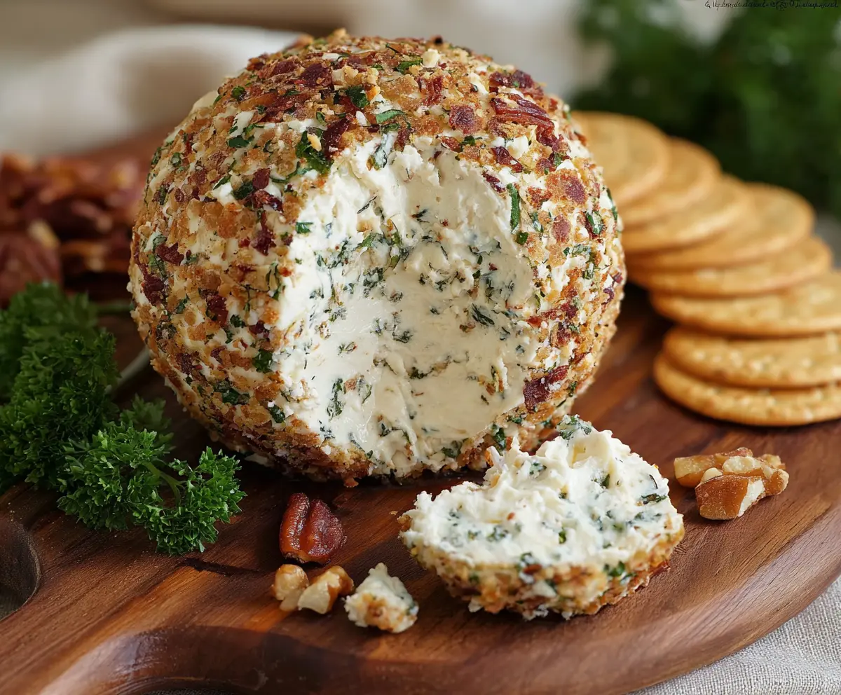 Herb and garlic cheese ball garnished with fresh herbs on a platter, perfect for appetizer parties.