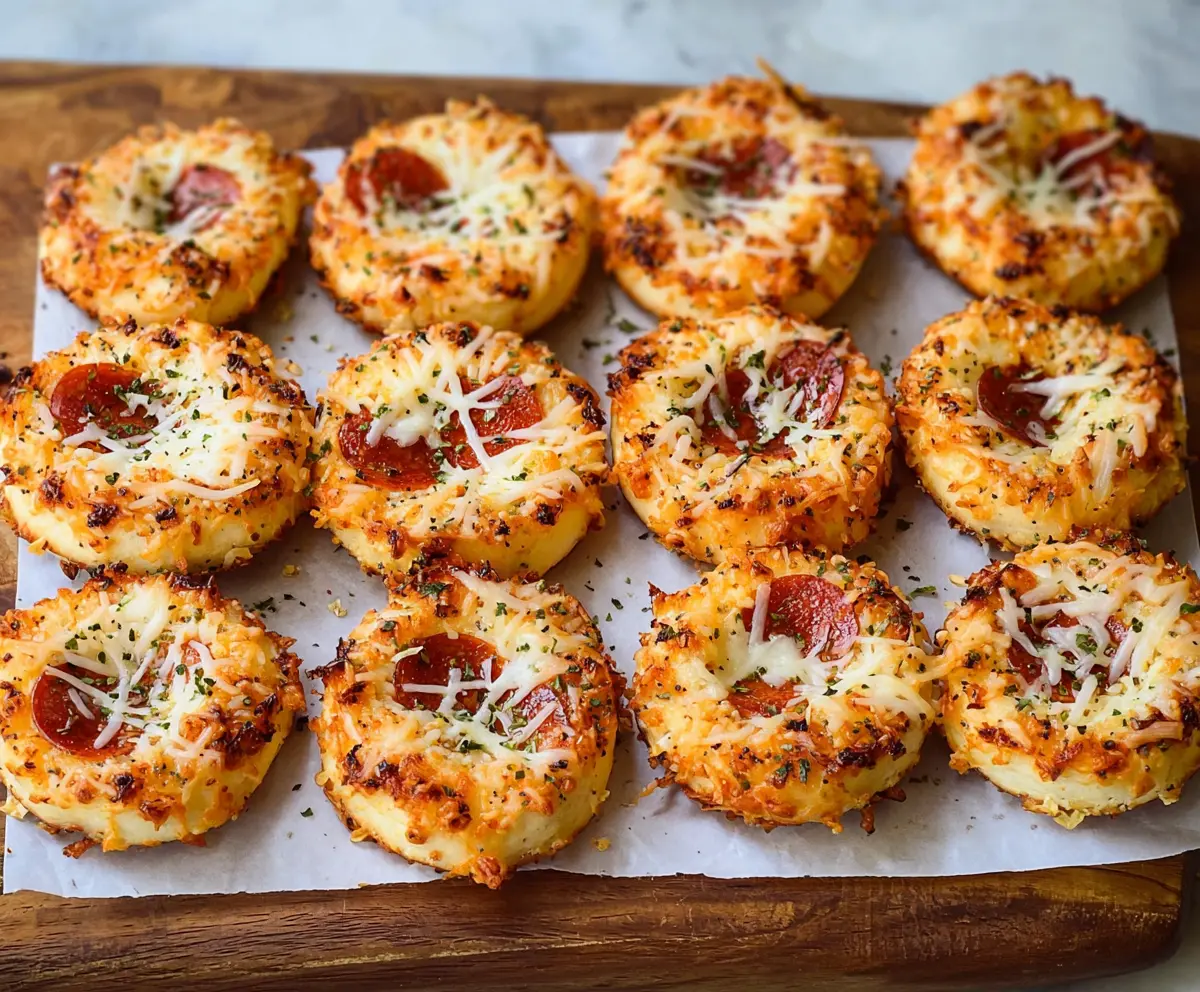 Delicious homemade Bagel Bites with melted cheese and toppings on a plate