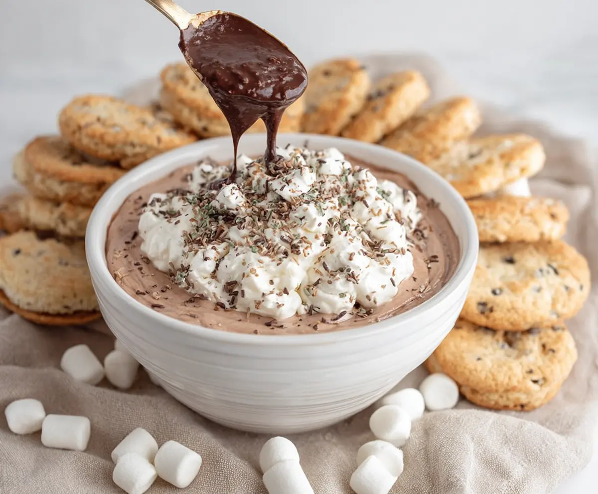 Creamy Hot Cocoa Cheesecake Dip with chocolate swirls for a delicious dessert party