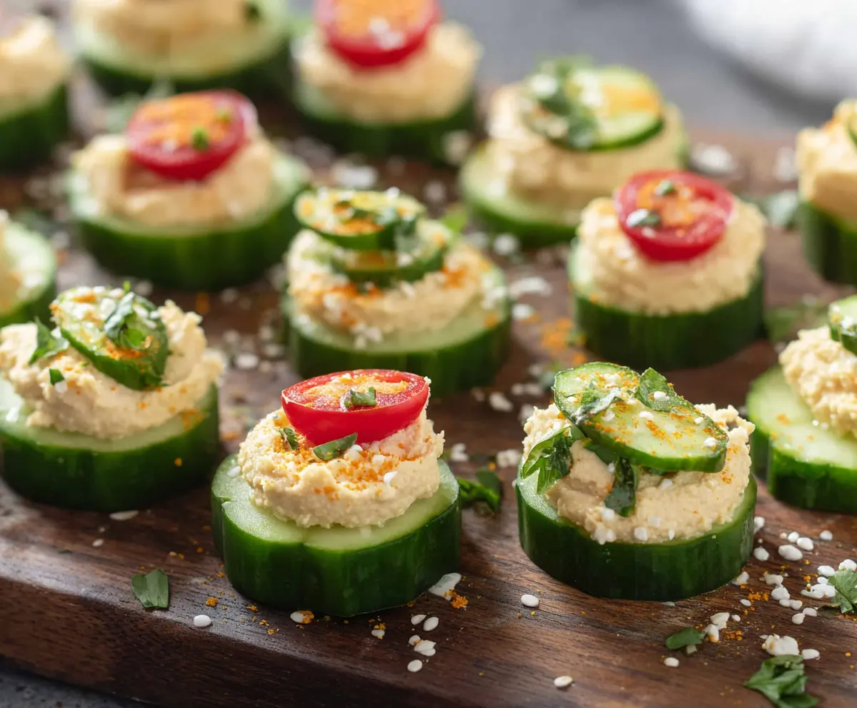Delicious hummus cucumber bites served as a healthy appetizer with fresh ingredients.