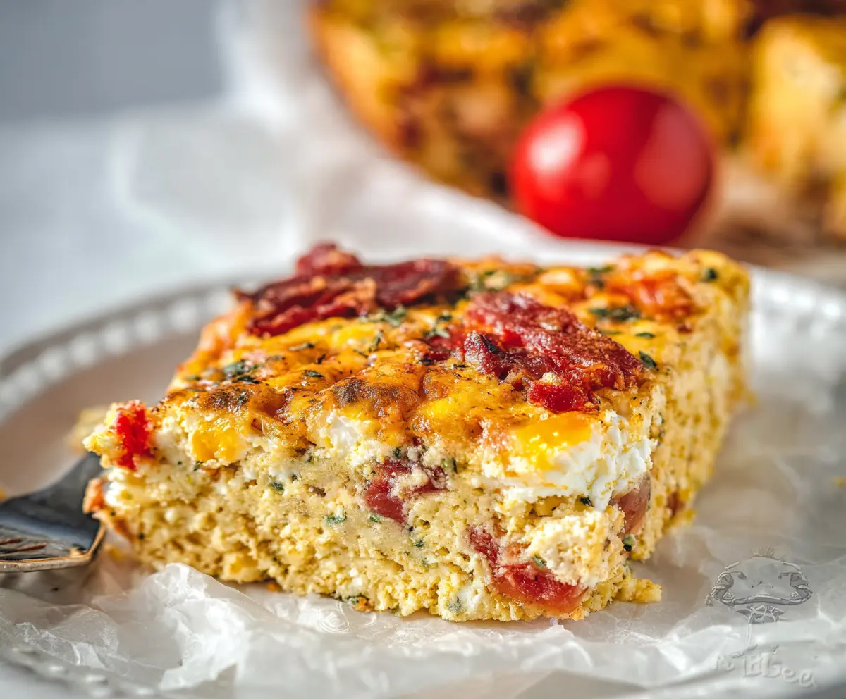 Delicious high-protein cottage cheese breakfast casserole served in a baking dish with fresh herbs.