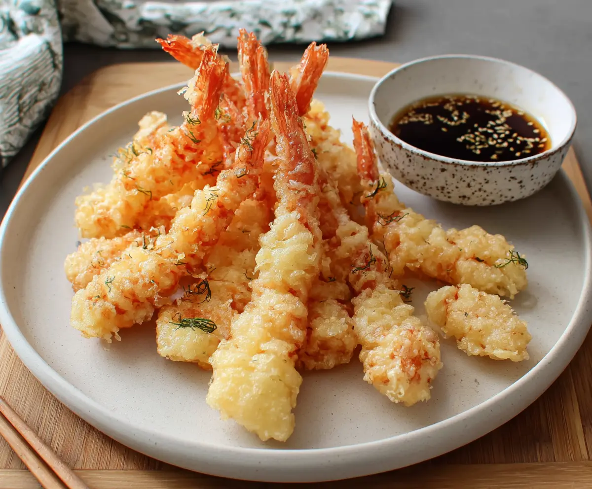 Crispy Japanese shrimp tempura served with dipping sauce on a traditional plate.
