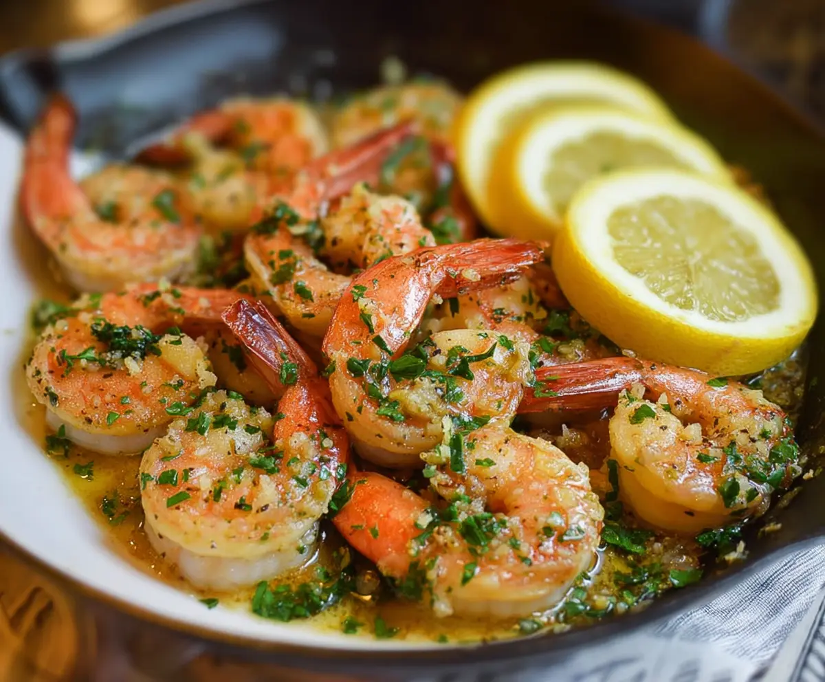 Juicy lemon butter garlic shrimp served on a plate, garnished with fresh herbs.