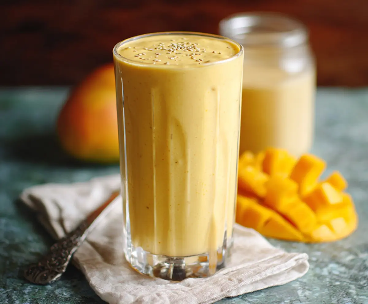 Creamy mango protein smoothie in a glass with fresh mango slices and a straw, perfect for a nutritious breakfast.