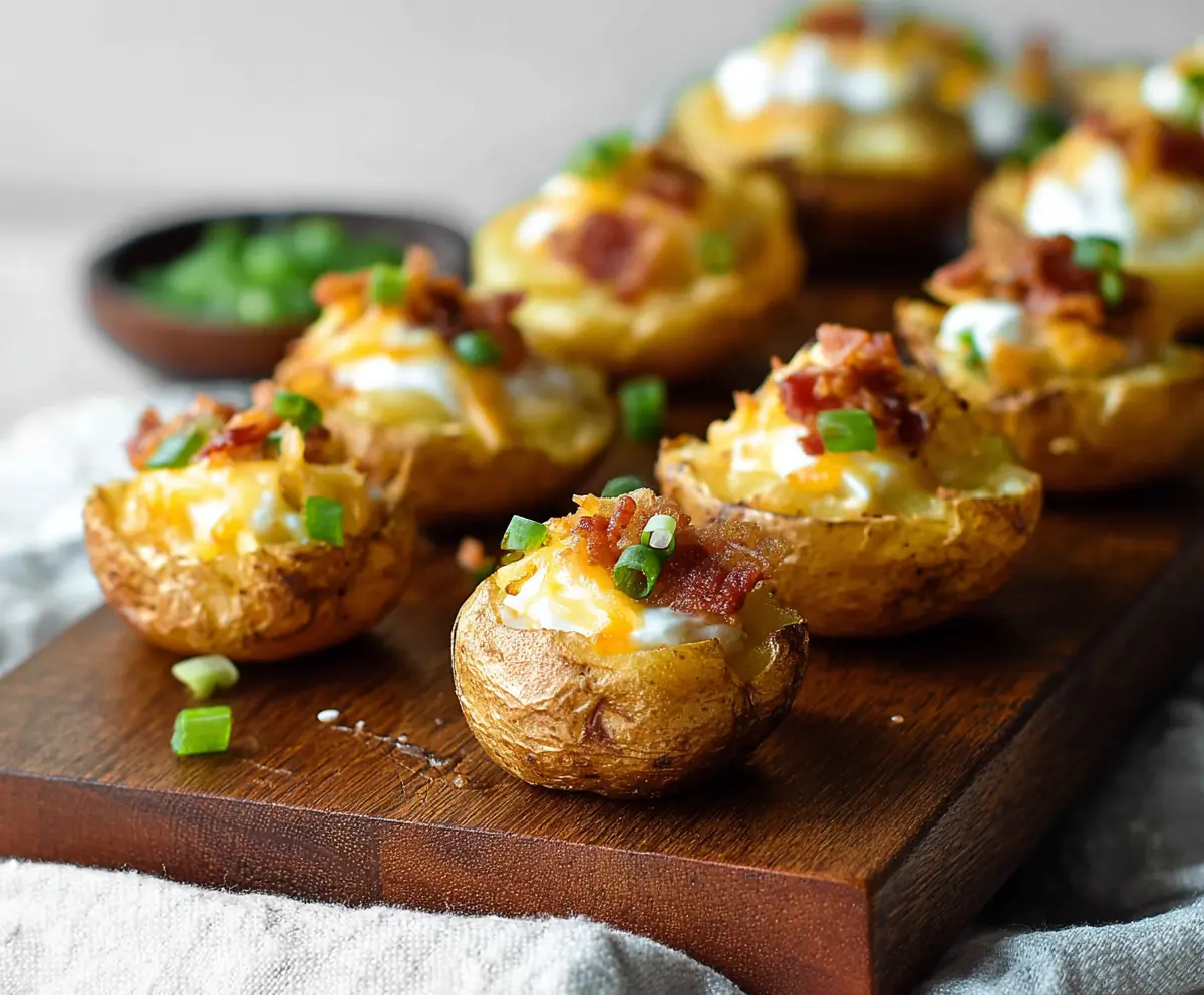 Mini loaded baked potato bites topped with cheese and chives, perfect for appetizers.