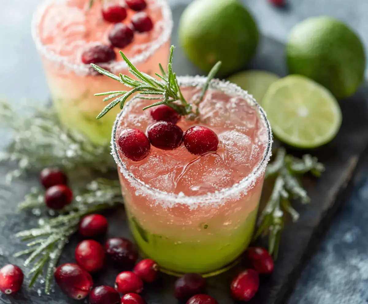 Festive Mistletoe Margarita cocktail garnished with mistletoe leaves and a lime slice for holiday celebration.
