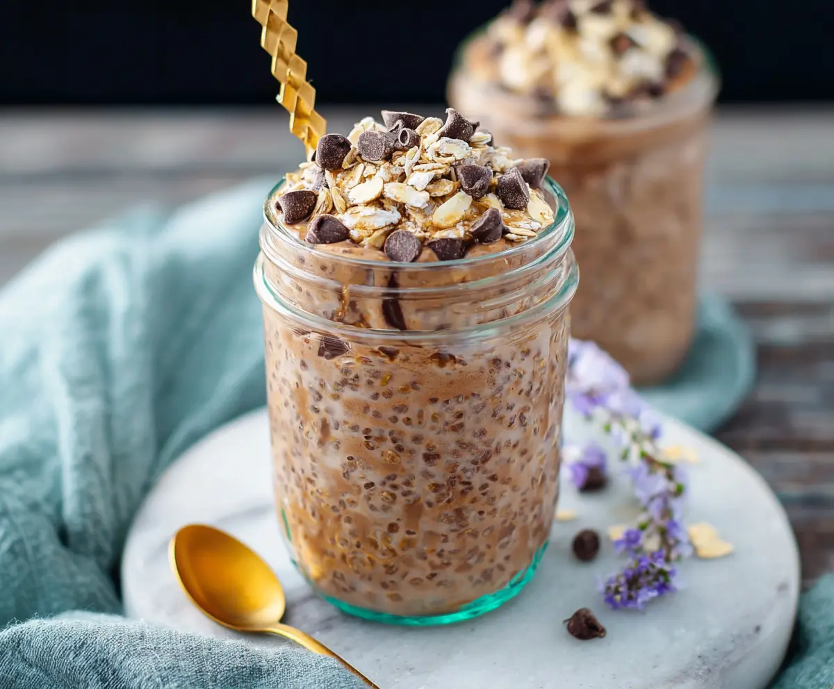 Delicious Mocha Overnight Oats in a glass jar topped with whipped cream and chocolate shavings