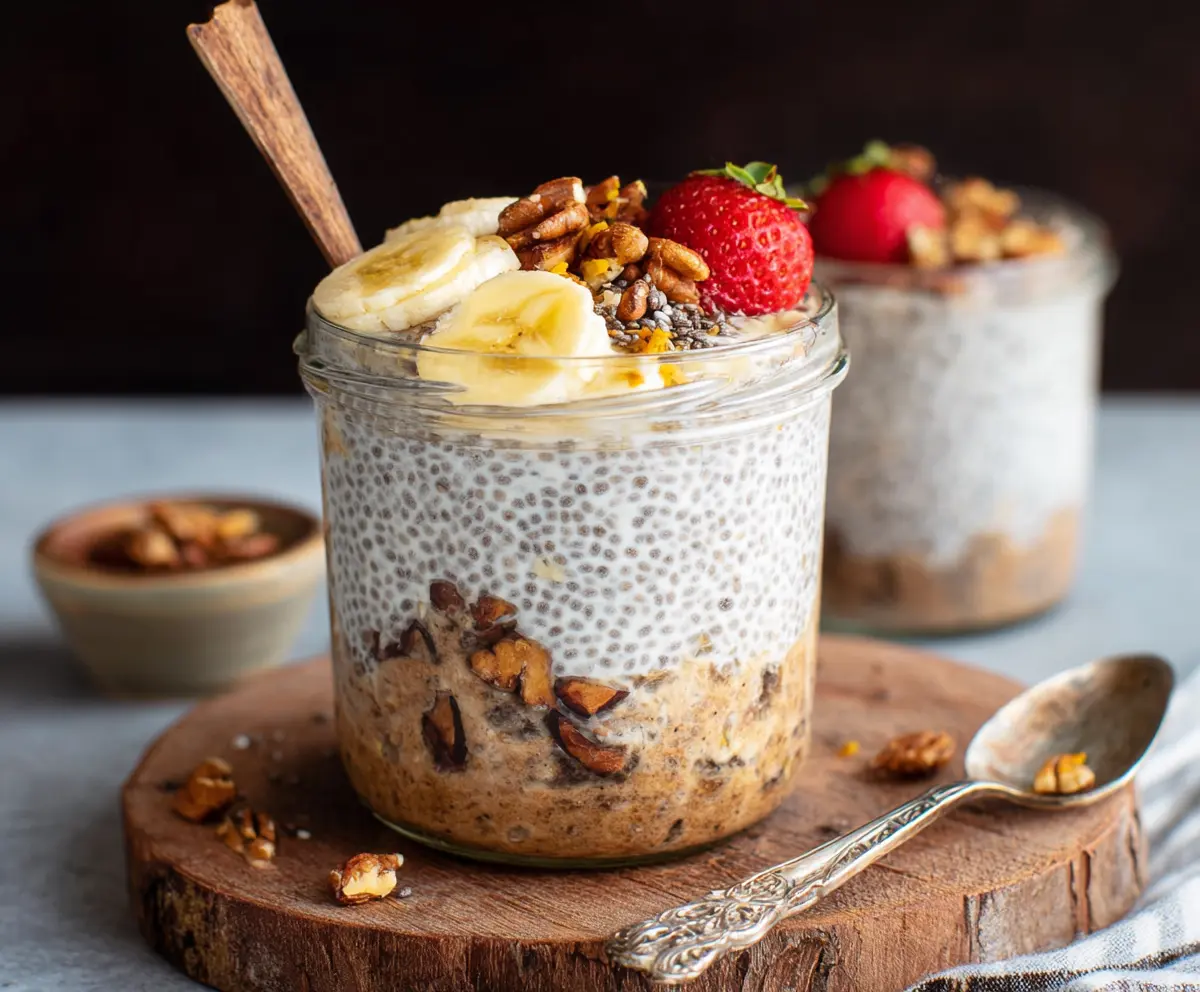 Creamy overnight oats with chia seeds in a glass jar, topped with fresh fruit and honey.