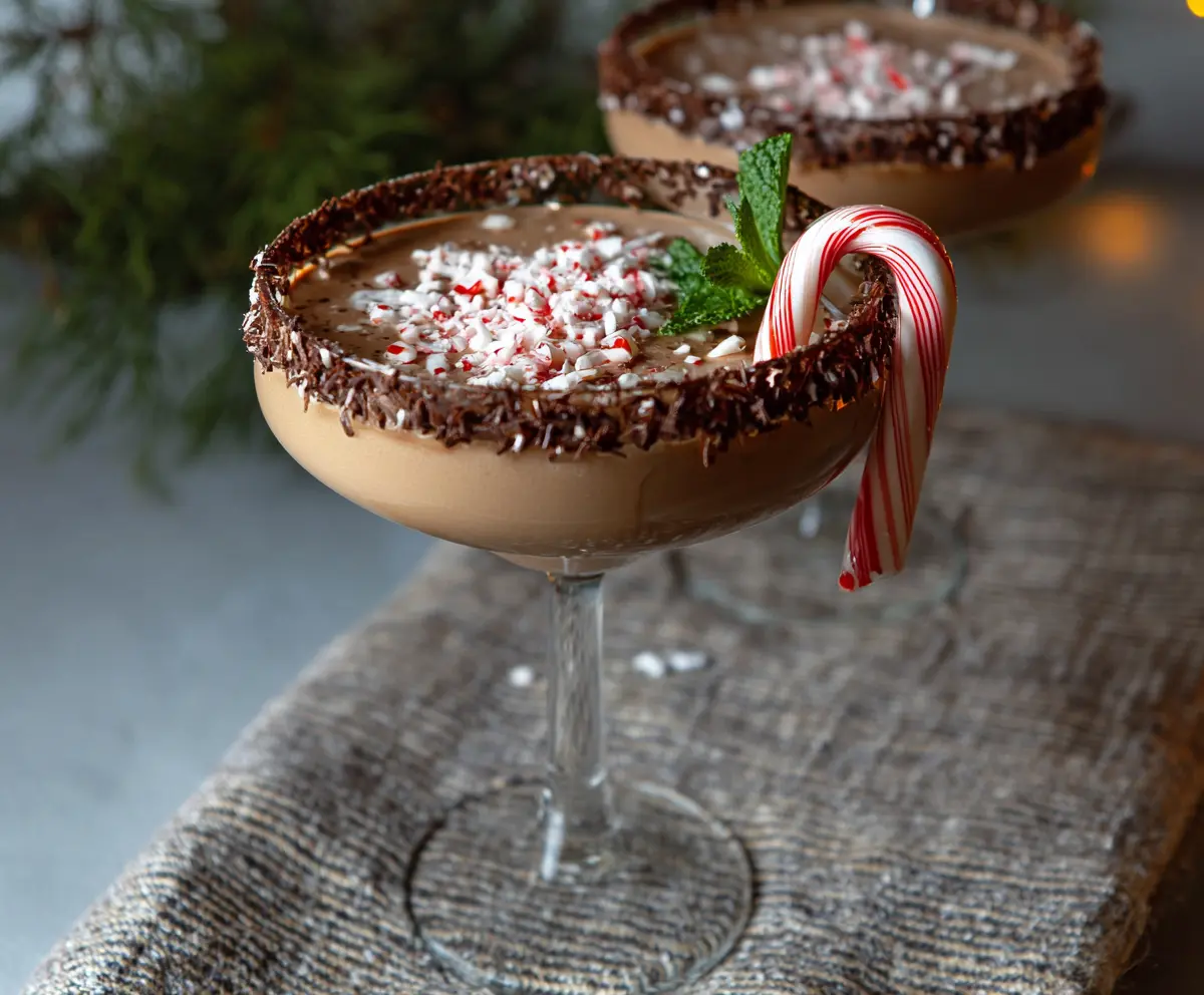 Delicious Peppermint Mocha Martini garnished with mint for a festive holiday treat