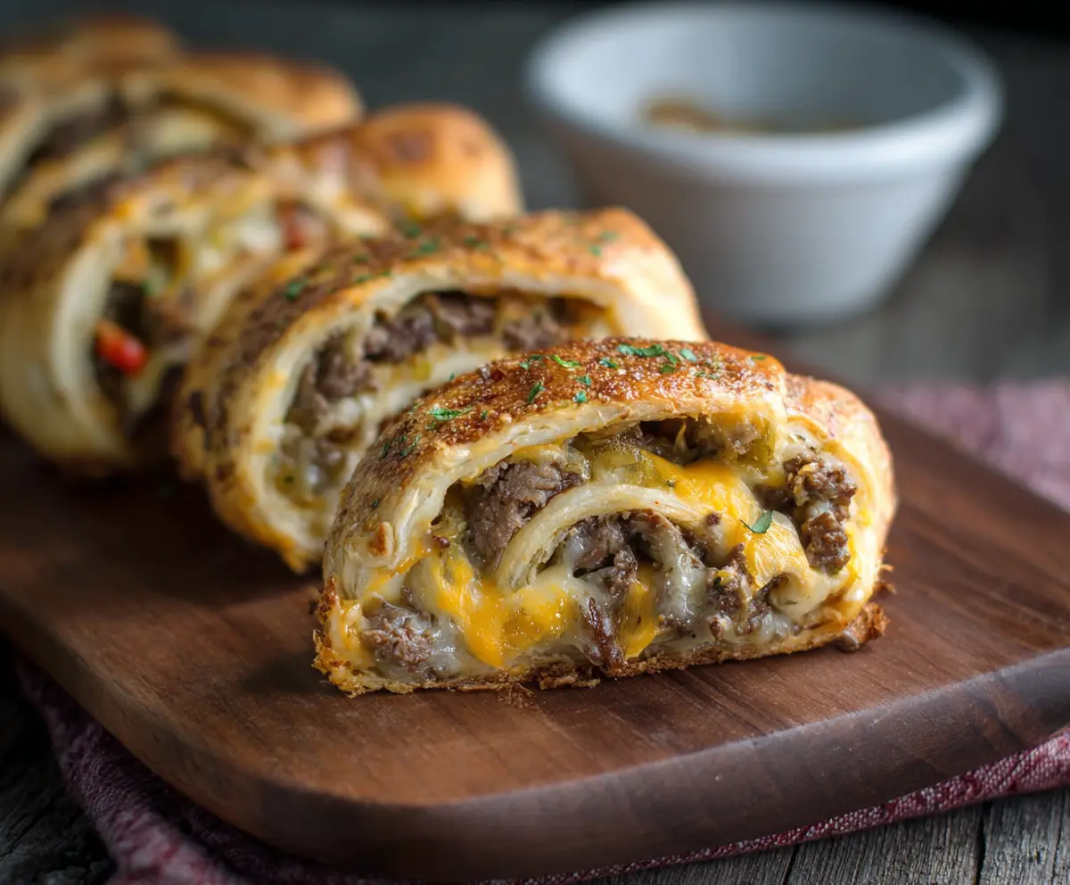 Delicious Philly Cheesesteak Roll Ups with melted cheese and savory beef in a toasted roll.
