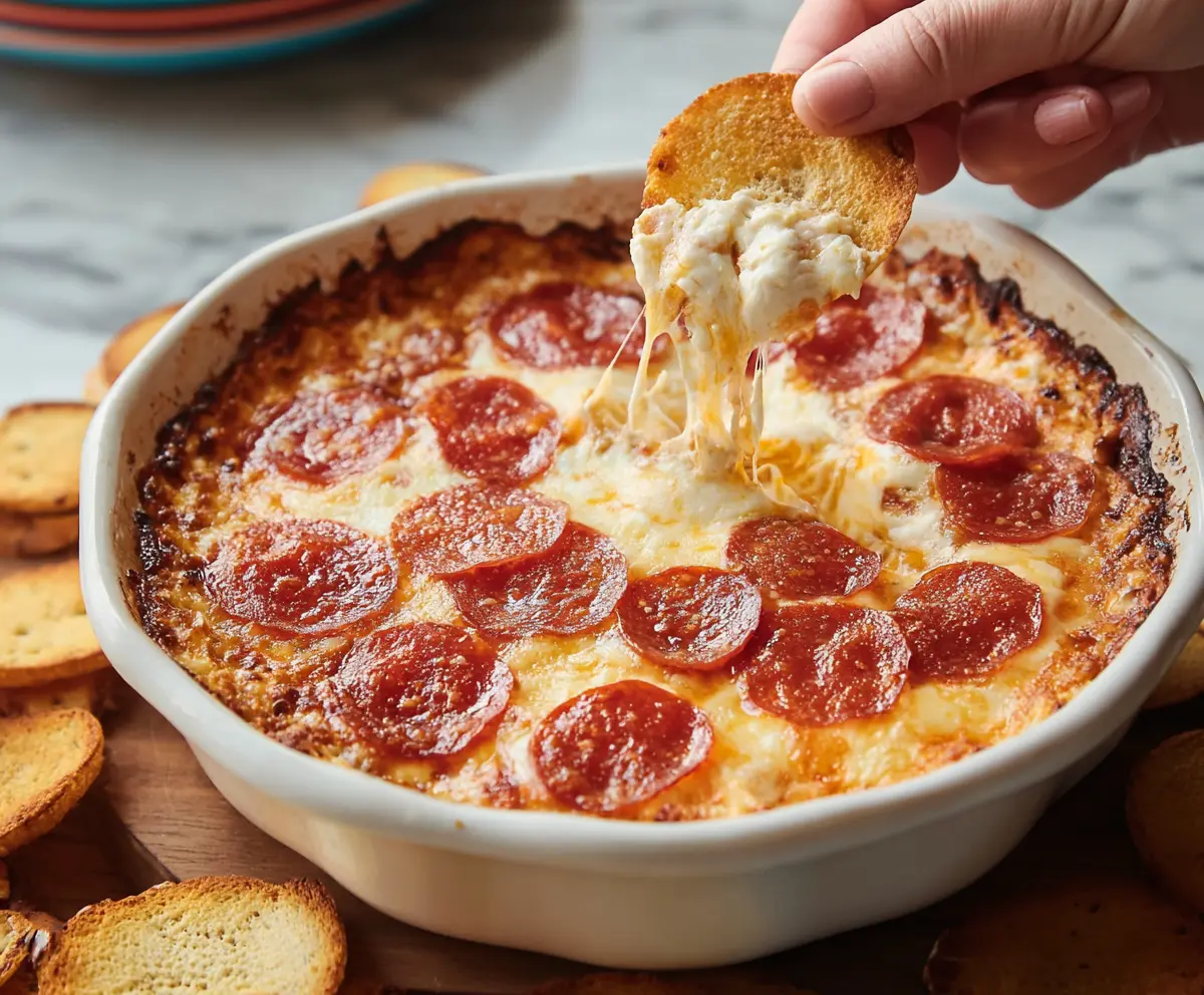 Delicious cheesy pizza dip with melted cheese, pepperoni, and herbs served in a bowl