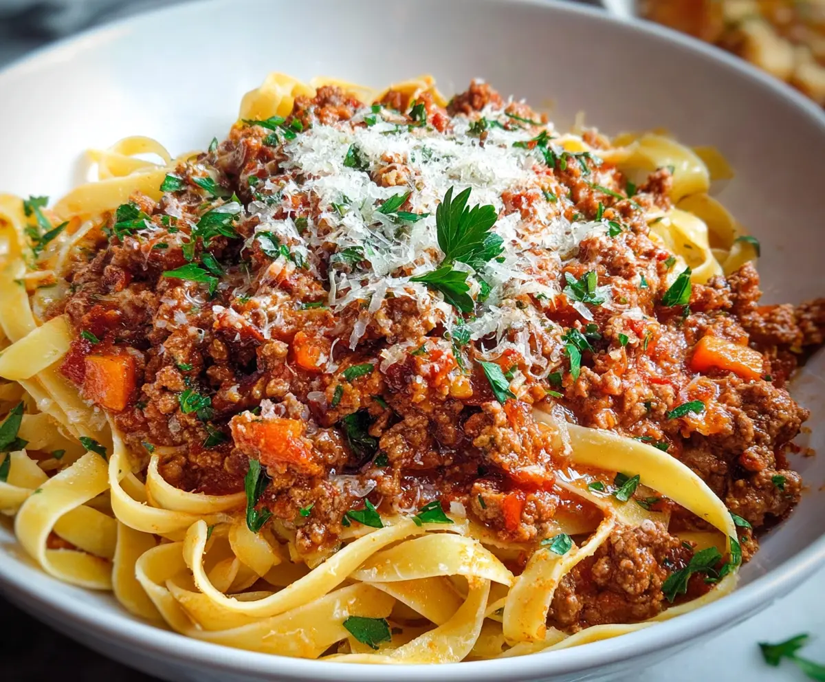 Hearty pork Bolognese served over pasta in a rustic dining setting.