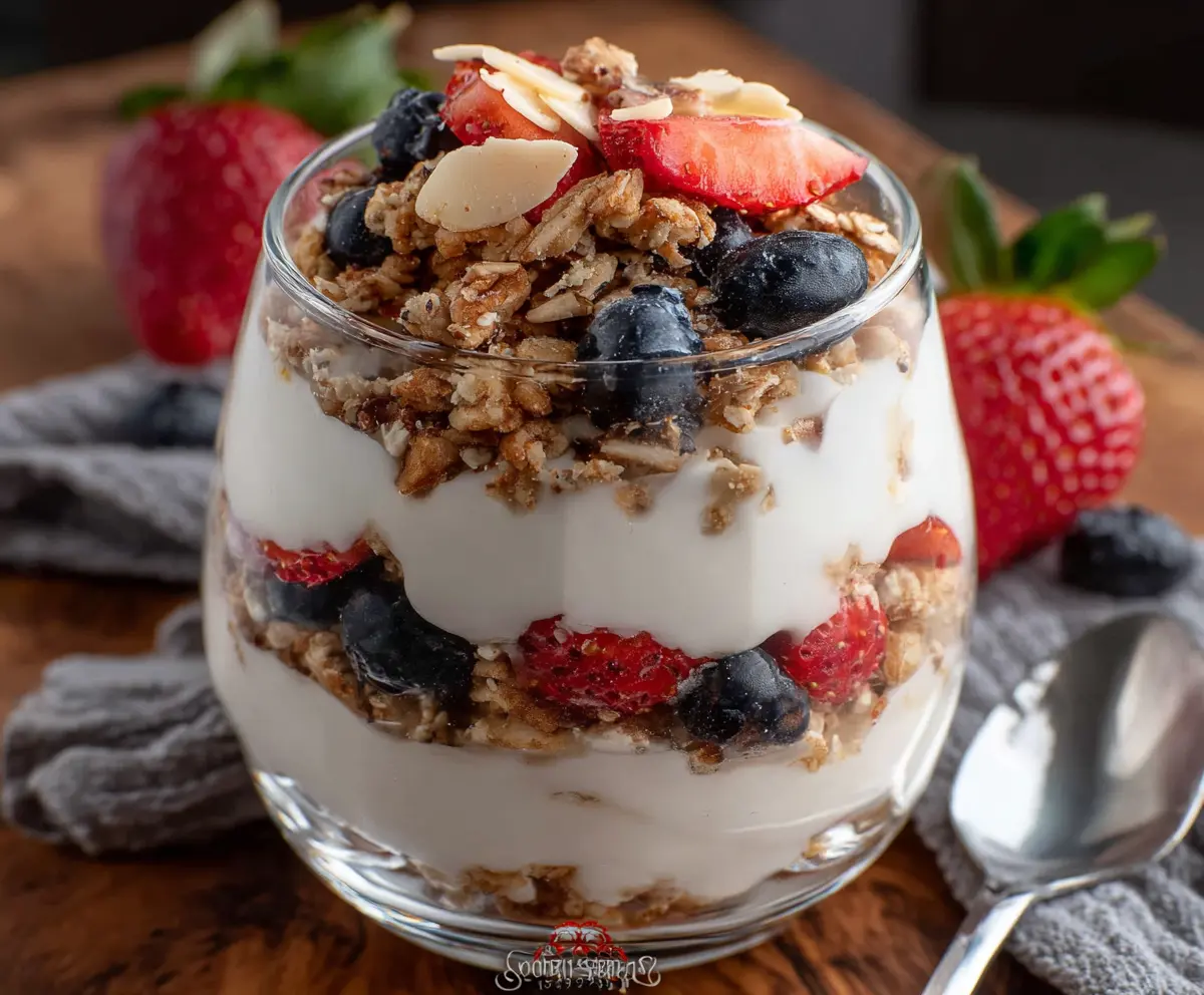 Healthy protein yogurt parfait with fresh berries and granola in a clear glass bowl.