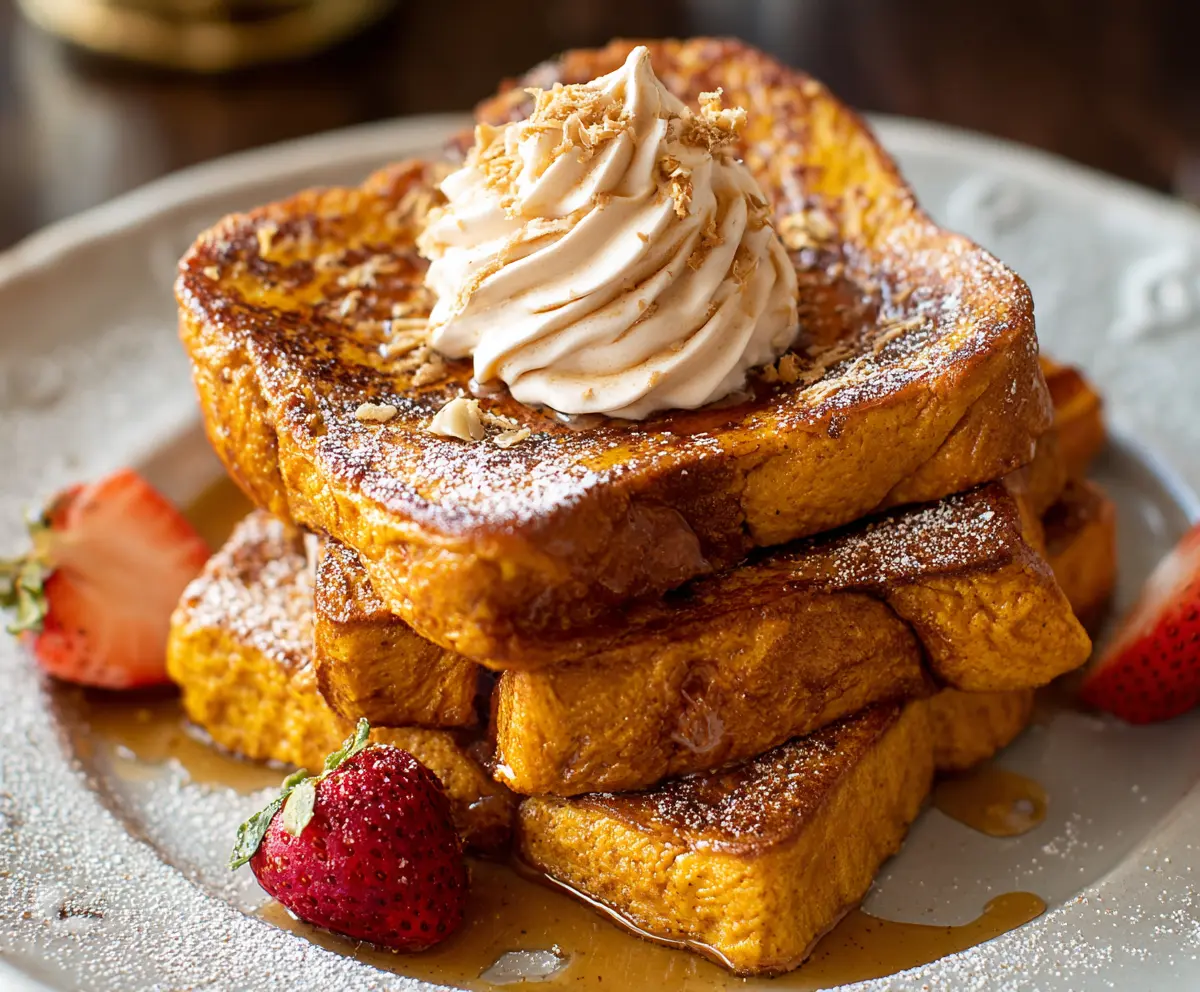 Delicious pumpkin French toast topped with powdered sugar and syrup for a cozy breakfast.