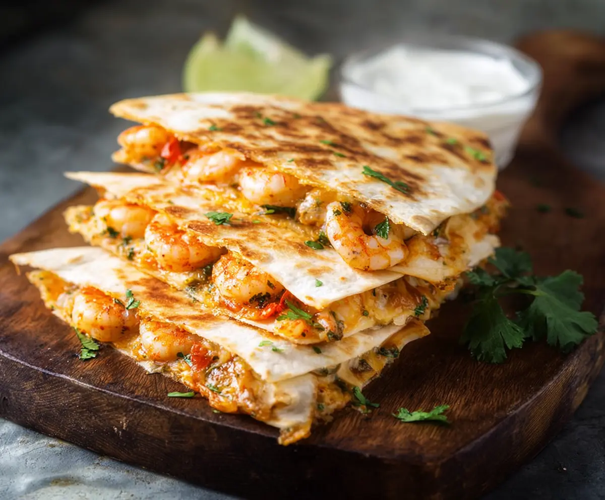 Delicious shrimp quesadilla filled with melted cheese and fresh seafood