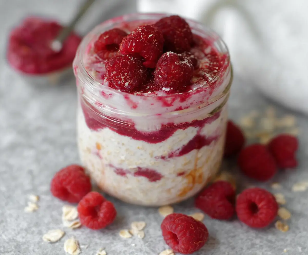 Creamy Raspberry Cheesecake Overnight Oats in a glass jar topped with fresh raspberries and a sprig of mint.