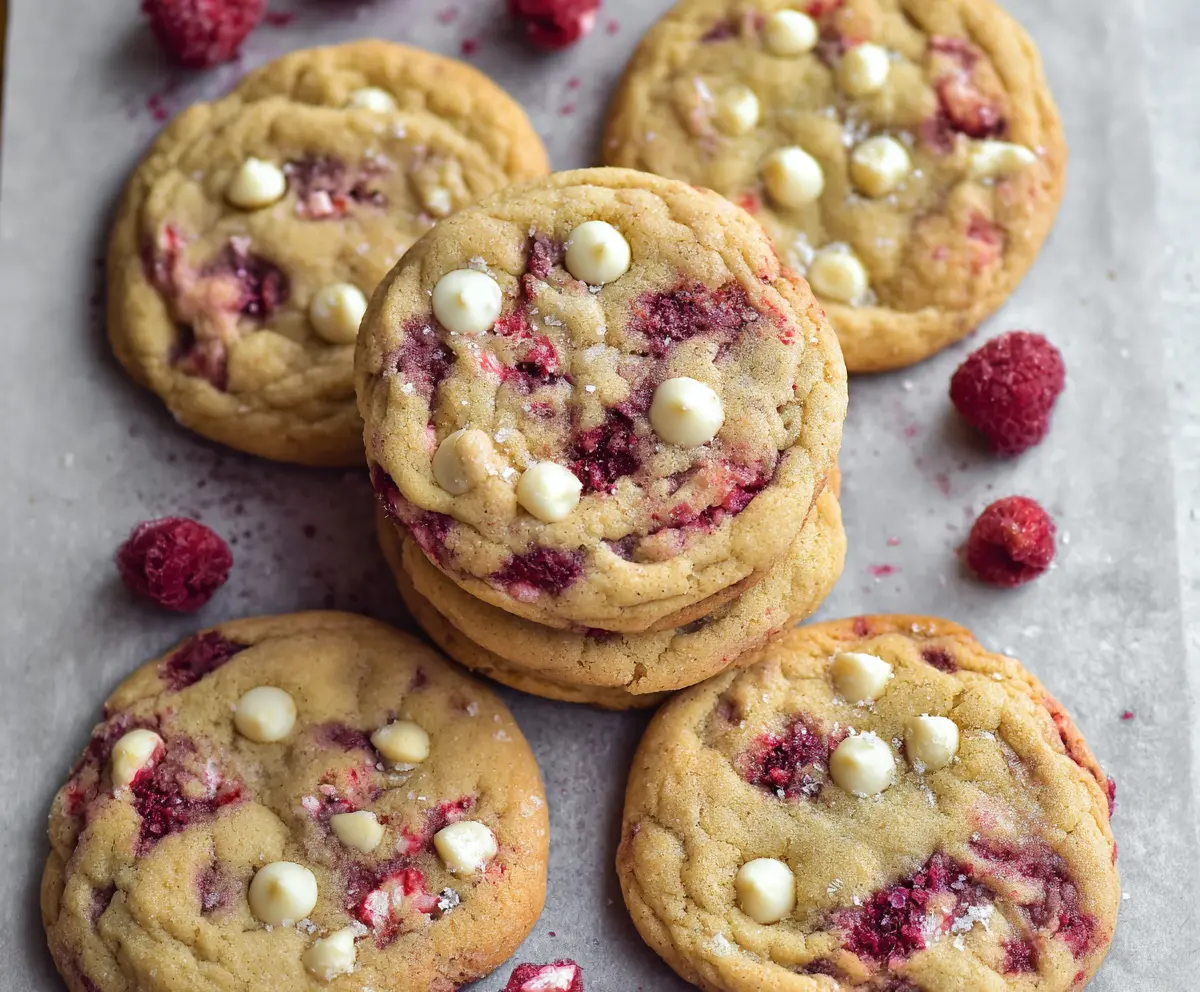 Delicious Raspberry White Chocolate Chip Cookies fresh out of the oven, showcasing red raspberries and white chocolate chunks.
