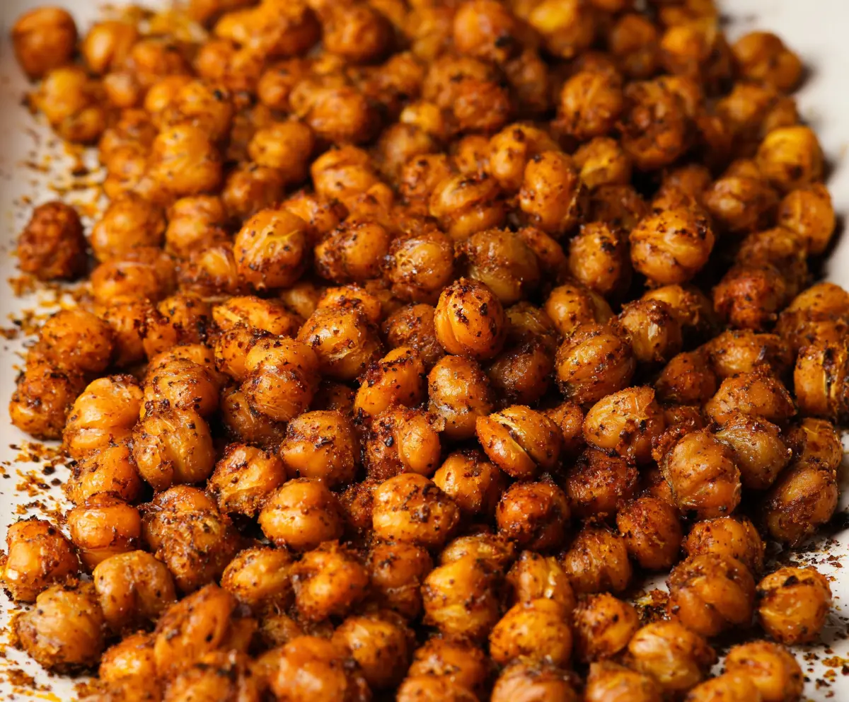Crispy roasted chickpeas seasoned with herbs on a white plate