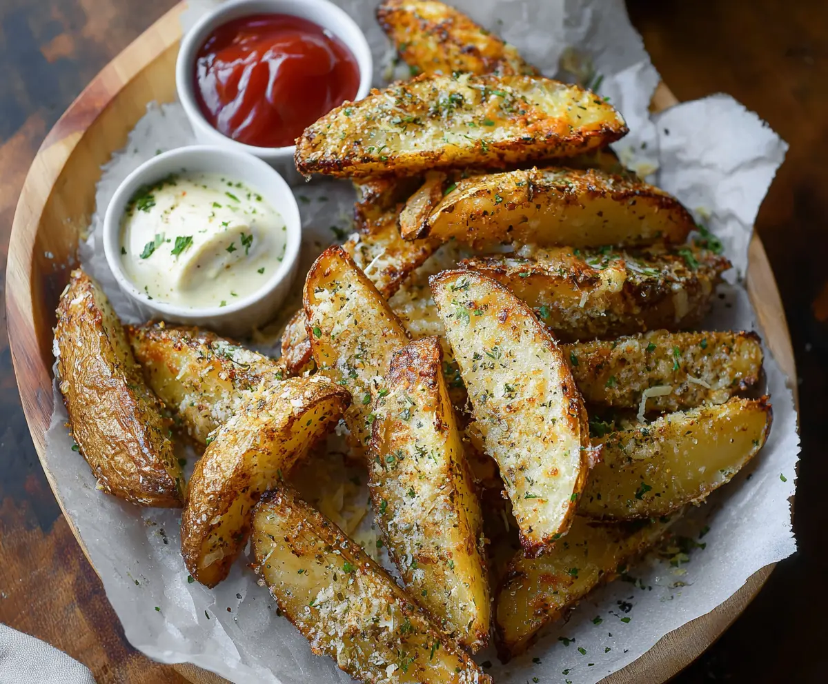 Golden roasted garlic parmesan potato wedges served with crispy edges and seasoned cheese.