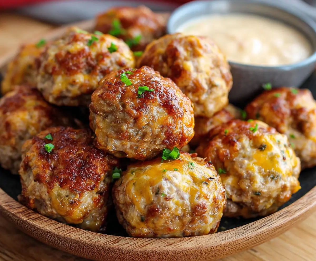 Delicious Rotel sausage balls with creamy cheese dip served on a platter.