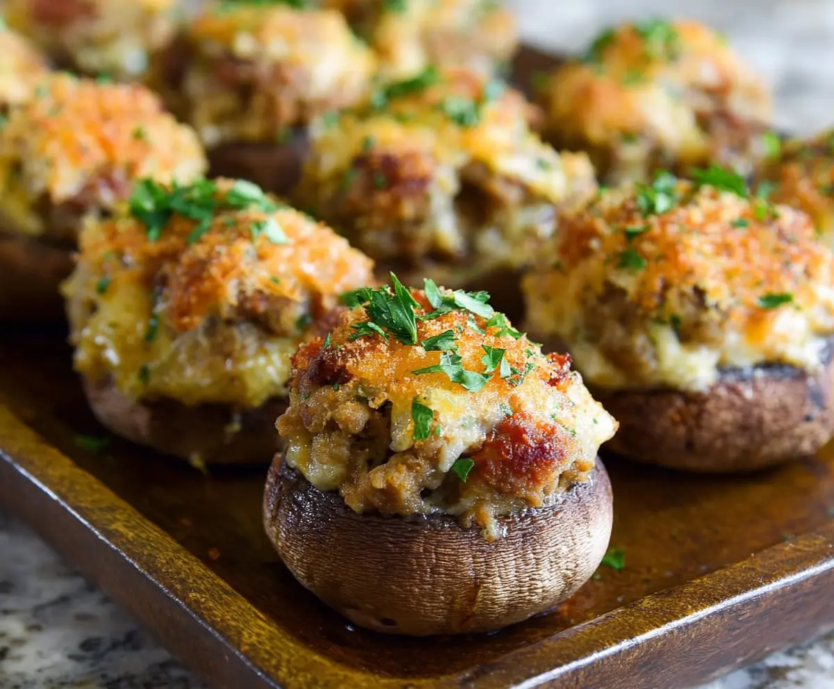 Delicious sausage stuffed mushrooms on a plate, perfect for appetizers and party snacks