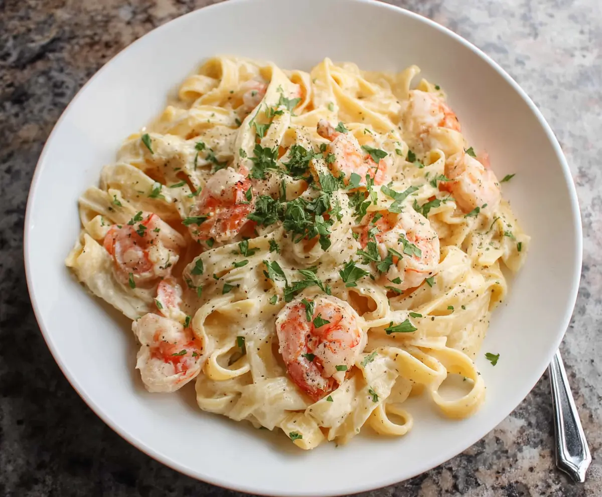 Creamy Seafood Alfredo Pasta with shrimp and scallops in a rich sauce on a white plate